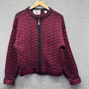 Vintage DROPS Norwegian Wool Sweater Womens Medium Full Zip Red Black